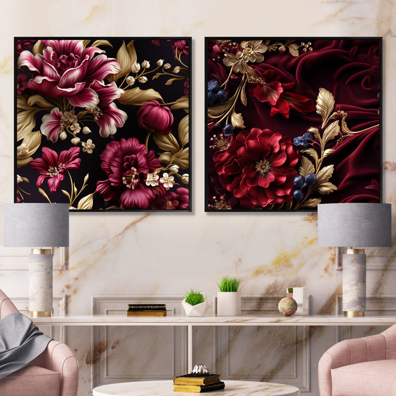 Regal bourgogne fleurs majestueux Elegance III - ensemble de 2 collages carrés abstraits, Cadre flottant noir