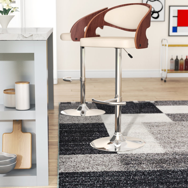 Chaffins Swivel Adjustable Height Barstool in Faux Leather, Chrome Base, Creme Faux Leather, Walnut Veneer