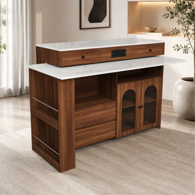 Kitchen Island with Extendable Rotating Table, MDF with Veneer Retro Design, 4 Drawers Glass Door Cabinets with Built-in Socket, Expandable Dinin