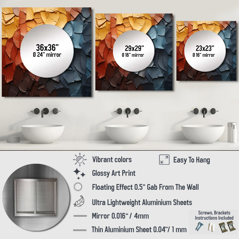 «Blue Beige Redwood Tree Collage», art mural miroir carré moderne pour la salle de bain, 29 po x 29 po