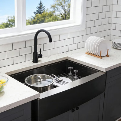 Frogink 33 inch Undermount Handmade 18 Gauge Single Bowl Farmhouse Workstation Stainless Steel Kitchen Sink with 4 Accessories,33"L x 21"W x 10"D(Black)