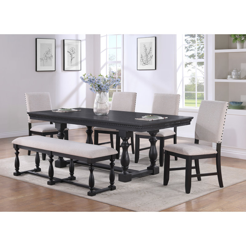 Table de salle à manger rectangulaire en bois massif, style tréteaux rustiques, finition foncée, sièges pour 6
