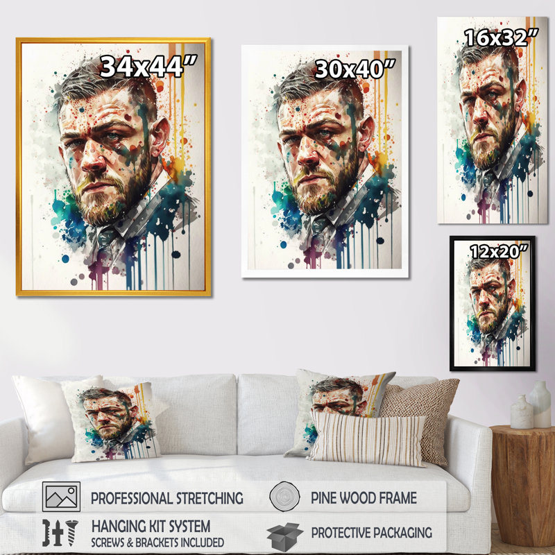 " Conor Fighter Illustration ", 32" H x 24" W x 1" D, Black Floater Framed