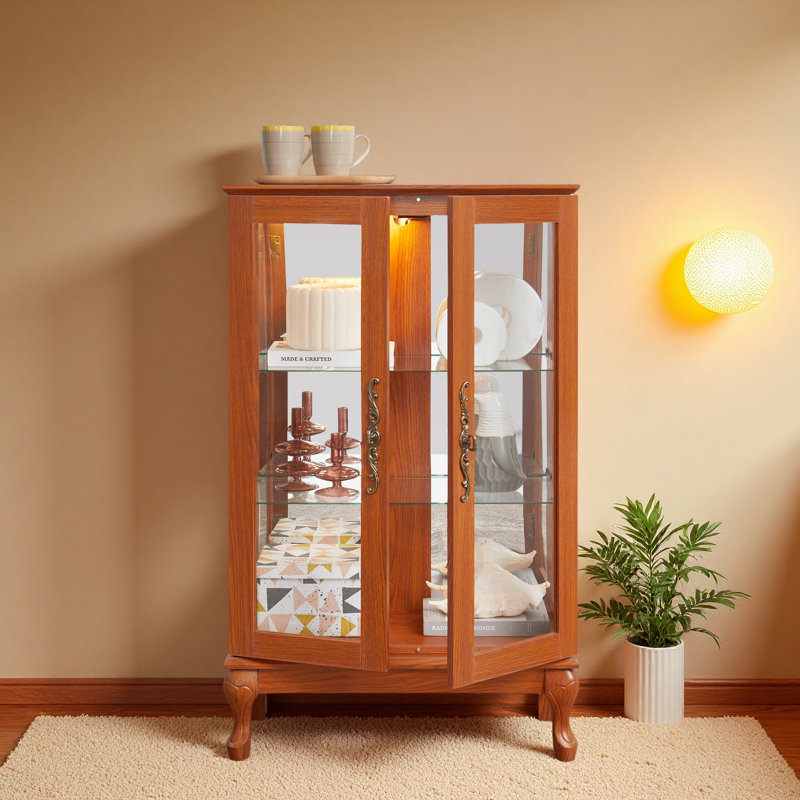 2 Doors Curio Cabinet With Tempered Glass Doors, Curio Cabinets With Mirrored Back Panel And Adjustable Shelves, Lighted Display Cabinet For Home