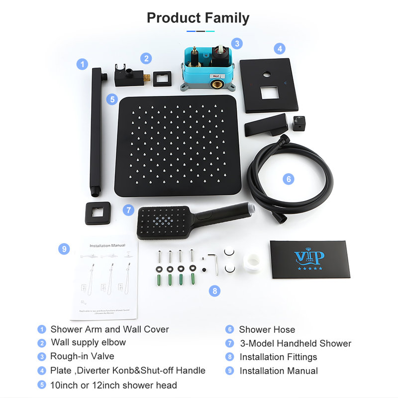 Système de douche à pression équilibrée avec valve brute, Noir mat
