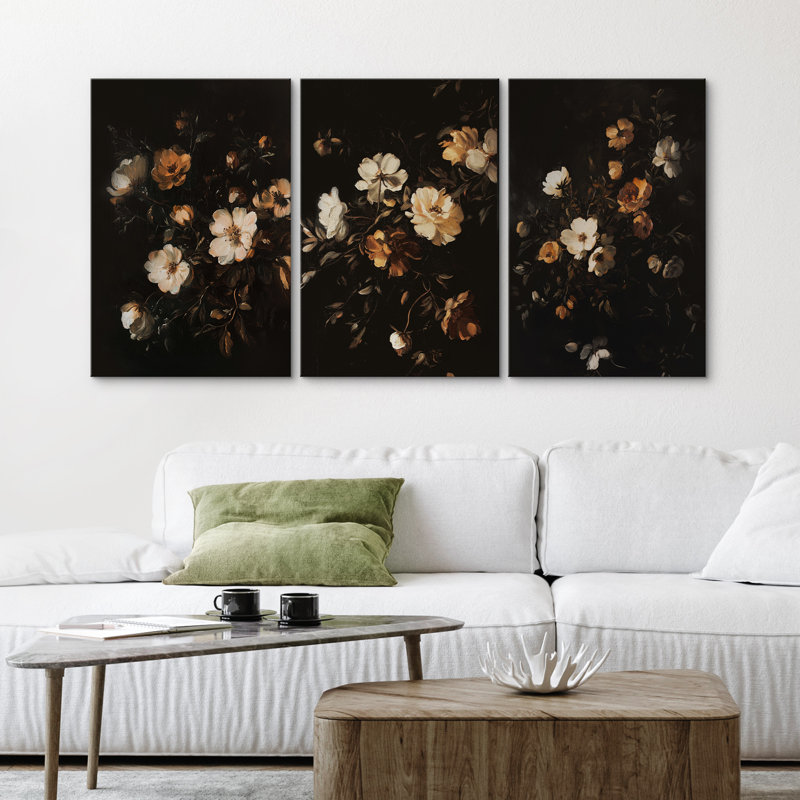 Ensemble d'art mural rétro en toile florale, impressions encadrées botaniques foncées pour chambre à coucher classique ou salon élégant