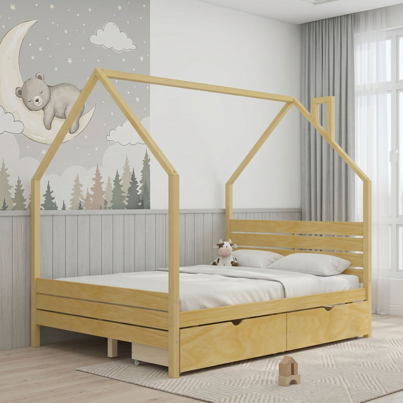 Lit en bois avec tiroirs de rangement, Full, Naturel