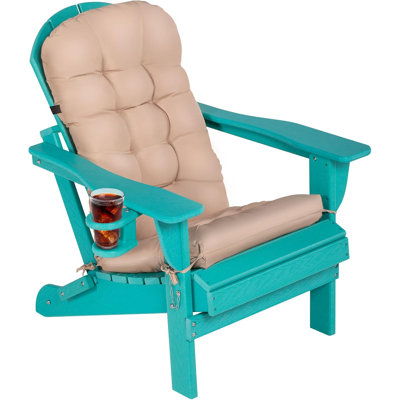 Folding Adirondack Chair With Cushion & Cup Holder, Hdpe Outdoor Fire Pit Chairs With Wood-like Grain