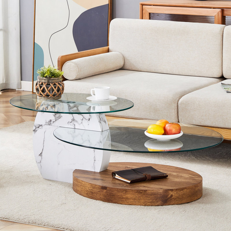 Table basse à double couche Contemporary Artistic - Collision de grain de bois et de marbre, plusieurs couleurs disponibles. Autocollant de panneau de densité, verre renforcé