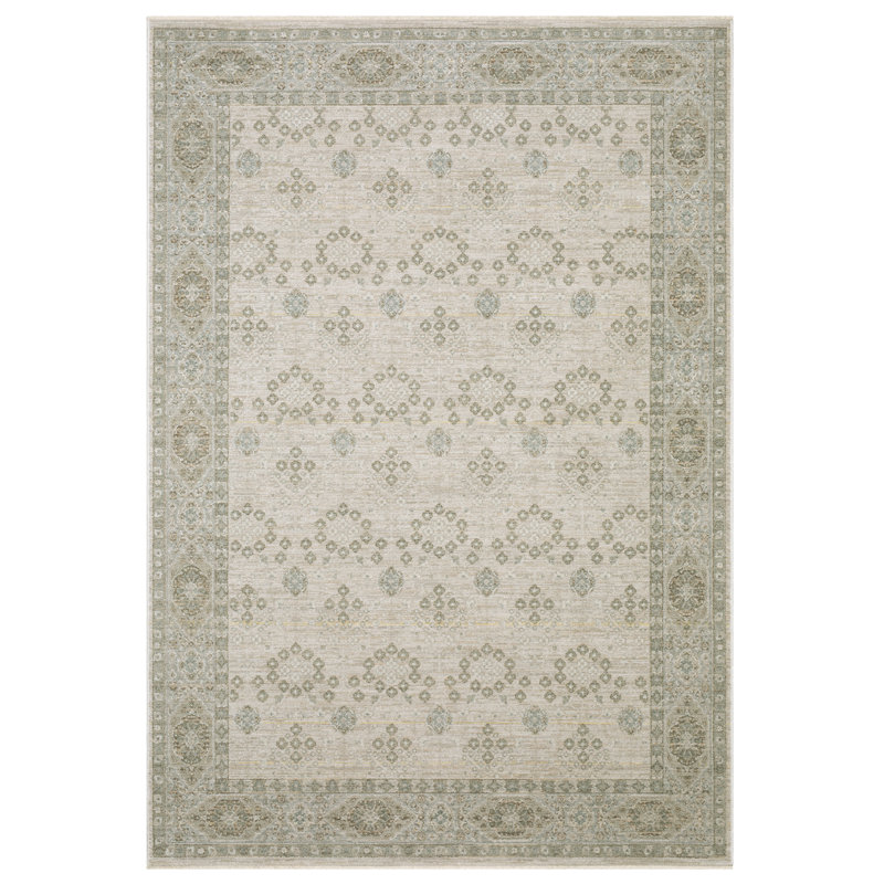 Tapis à motif floral beige et vert Kula, Rectangle 6 pi 7 po x 9 pi 9 po