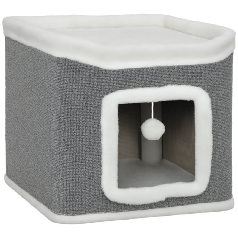 2‑Level Cat Cave Bed Cat House with Top Bed & Fluffy Balls, Grey