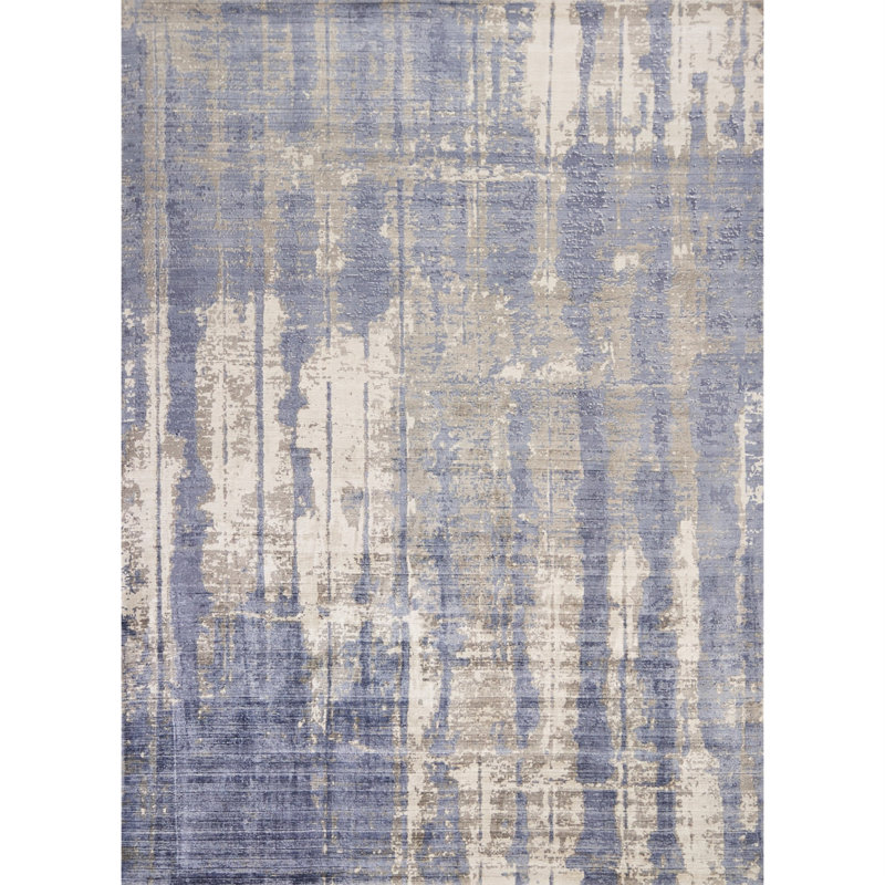 Tapis gris / bleu fait à la main Billy-James, Rectangle 7 pi 6 po x 9 pi 6 po