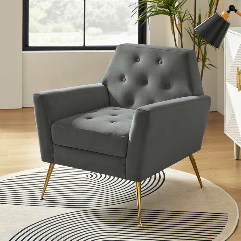 Thaddeus Velvet Upholstered Accent Chair with Metal Base, Gray Velvet