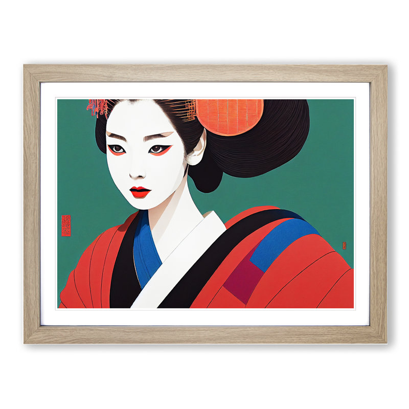 Thrilling Geisha 1 Piece Single Picture Frame Wall Art, 25cm H x 34cm W x 2cm D, Oak Framed