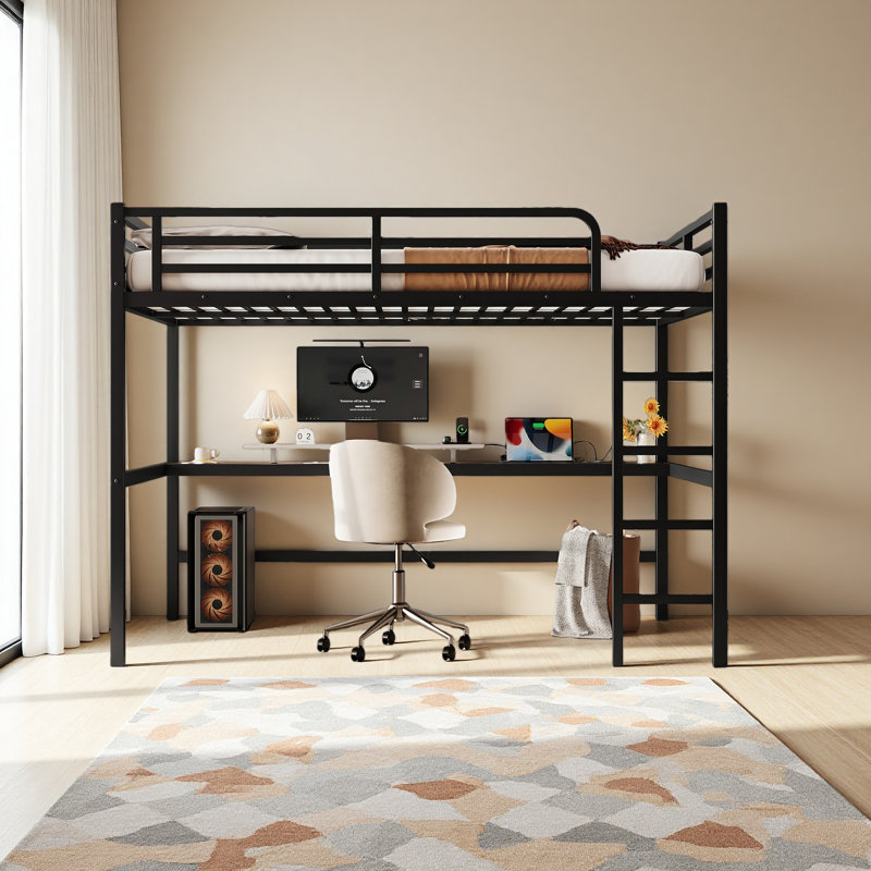 Metal Queen Size Loft Bed With Power Outlet And LED Lighted, Space-Saving, Noise Reduced
