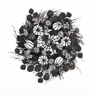Couronne artificielle d'Halloween de 50 cm (19,7 pouces), composée de brindilles et de feuillage noir, de citrouilles rayées noir et blanc, d'araignées et de baies blanches, idéale pour décorer votre porte d'entrée dans une ambiance effrayante.