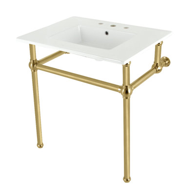 Évier de console 31 "avec pieds en laiton (8 pouces, 3 trous) Addington Kingston Brass KVBH31227W8B7, blanc / laiton brossé