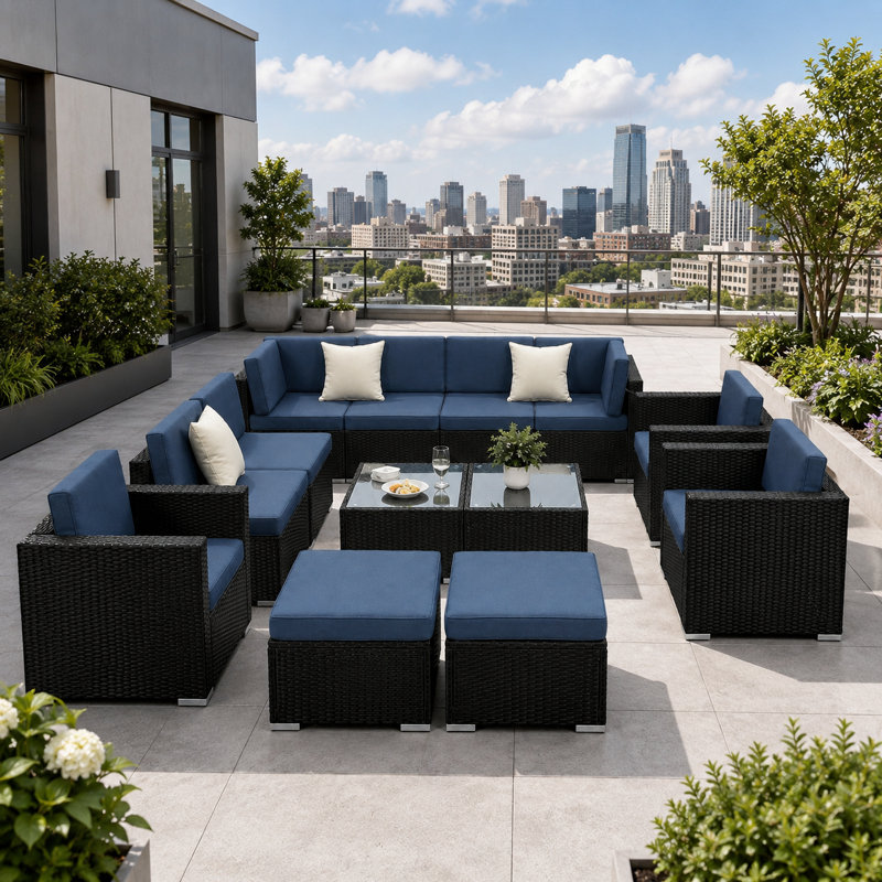 Wicker 10 - Person Modular Rattan Patio Conversation Set with Cushions