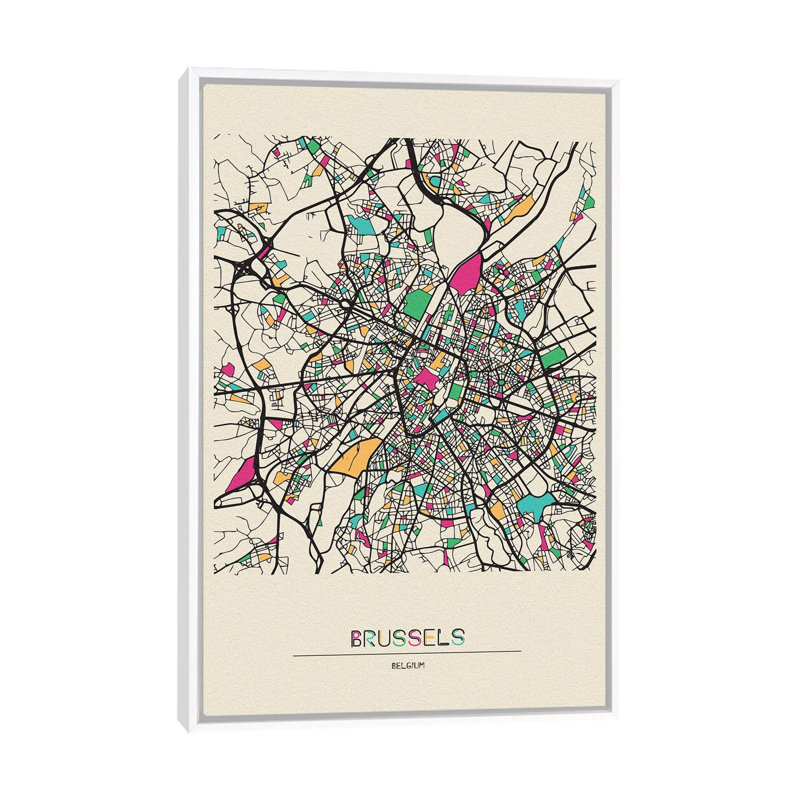 Brussels, Belgium Map 1 Piece Wall Art on Canvas, 66.04 cm H x 45.72 cm W, White Floater Frame