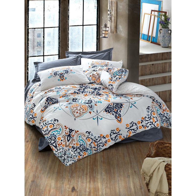 Ensemble de housse de couette 100% coton bleu / orange / blanc Mayer