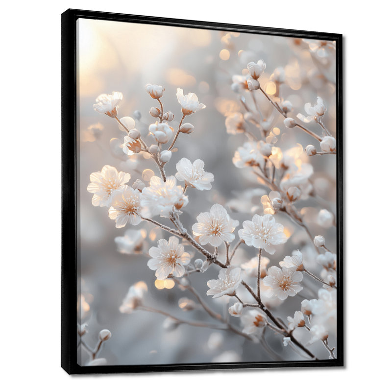 «White Cherry Blossom Misty Morning» - Art mural fleur de cerisier, H 20 po x l 12 po, Impression encadrée flottante, Noir