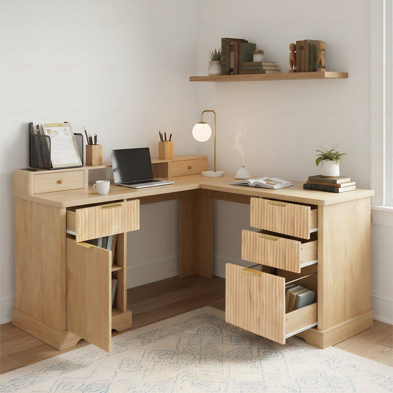 Bureau en L 59 po cannelé avec station de charge et armoire de rangement 59 po Modern