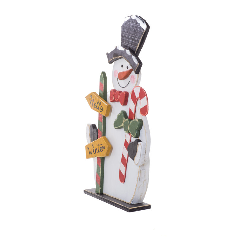 Bonhomme de neige rustique blanc debout en bois blanc avec signe
