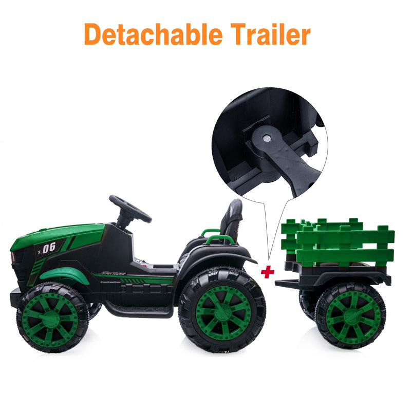 Green 12V Kids Ride-On Tractor with Trailer and Remote Control