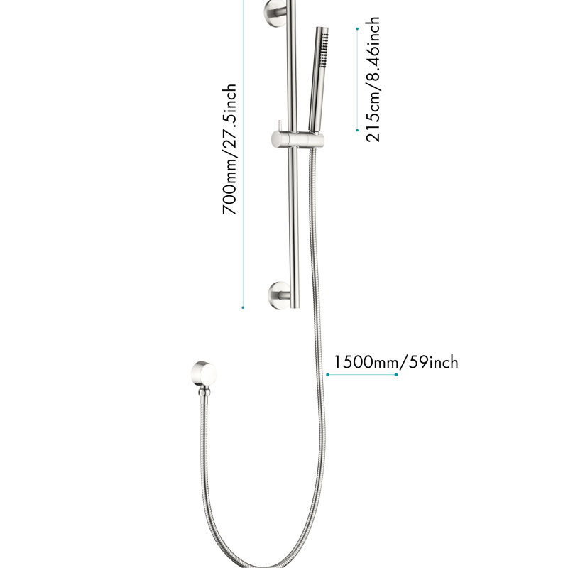 Douche à main réglable en hauteur avec barre coulissante de 28 pouces et 59 tuyaux, acier inoxydable, choix de jets multiples pour différentes applications