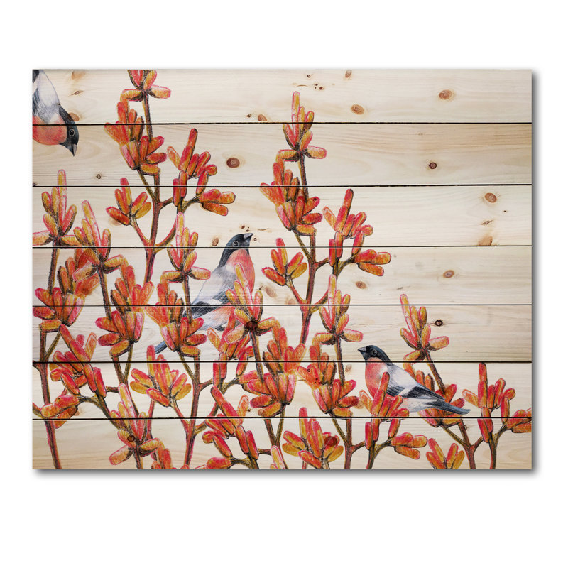 Volée de bouvreuils sur branches orange - impression traditionnelle sur bois de pin naturel, H 15 po x l 30 po x P 0,78 po