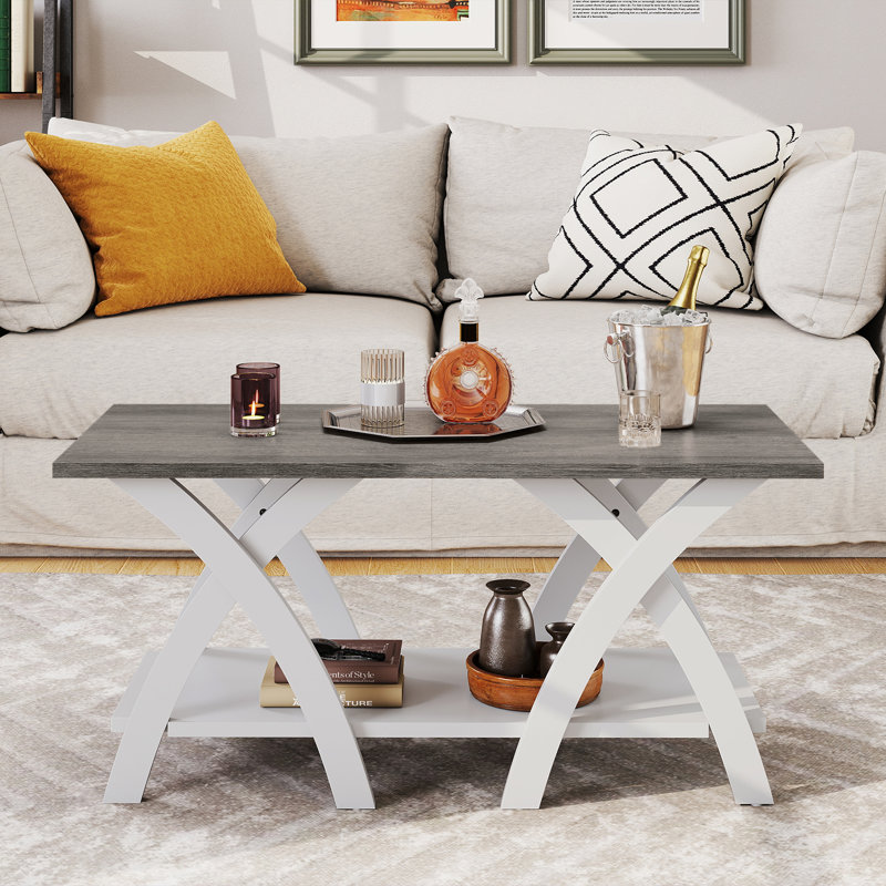 Table basse de 40 po avec tablette de rangement et pieds en X pour la chambre à coucher du salon, Gris