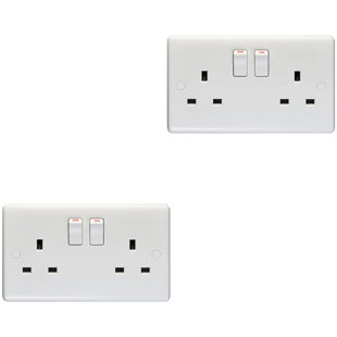 2 PACK 2 Gang Double Pole 13A Switched UK Plug Socket - WHITE Wall Power Outlet (Set of 2)