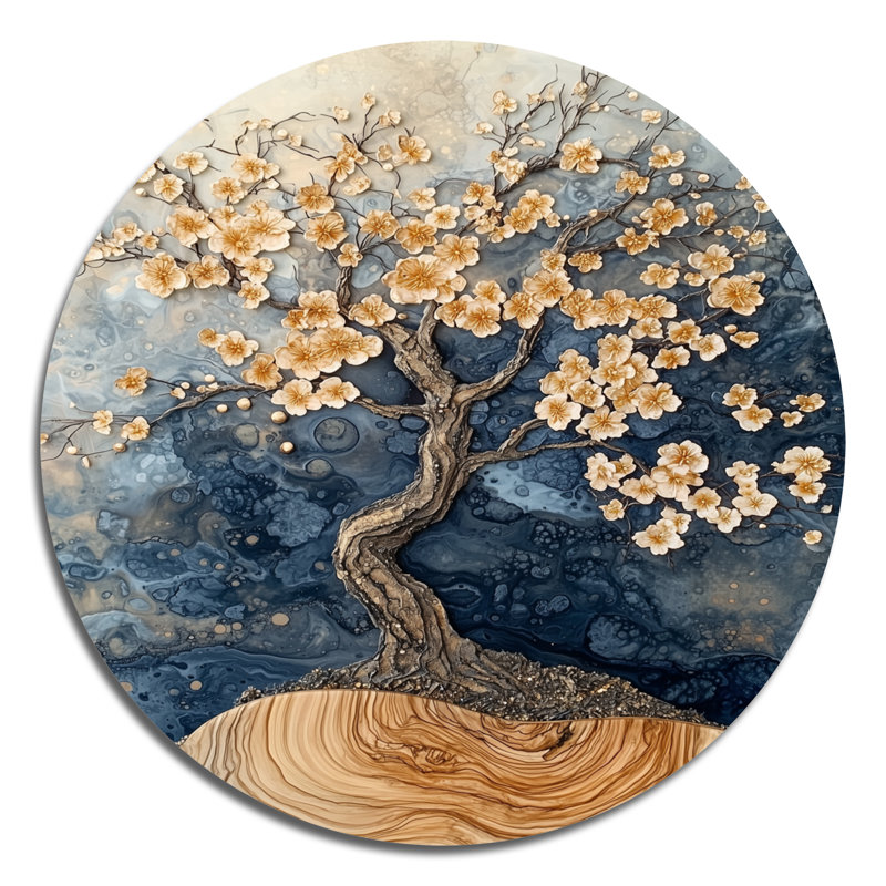 Karita - Art mural rond en métal cerisier en fleurs, H 23 po x l 23 po