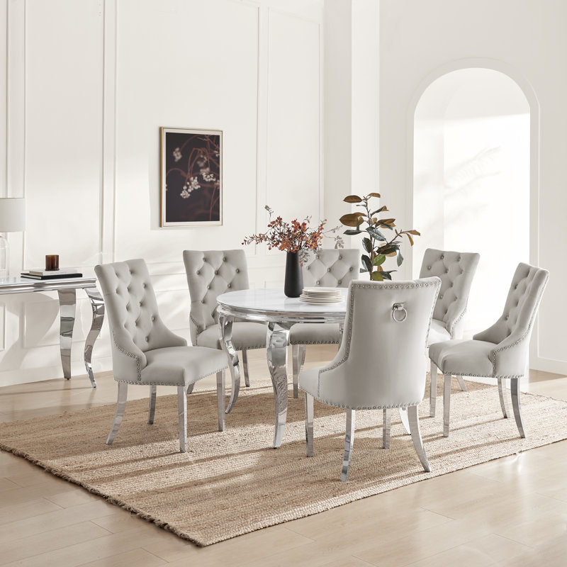Bilche Round White Marble Glass & Metal Table With Eubanks Velvet Knockerback Dining Chairs, 6