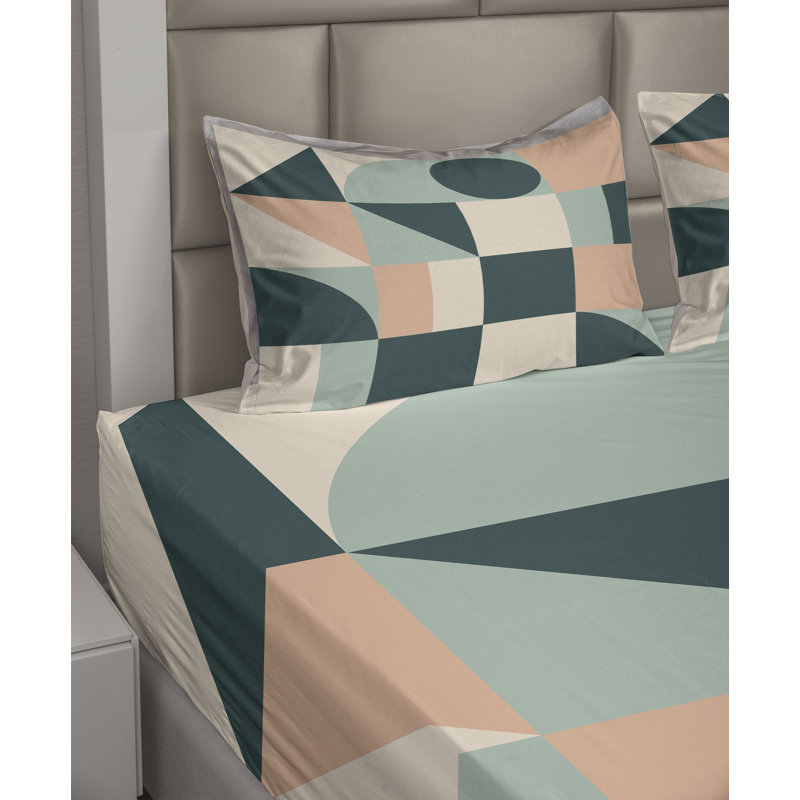 Ambesonne Geometric Sheet Set Abstract Boho Pattern Champagne Almond Green, Full / Double Sheet Set with 2 Pillowcases
