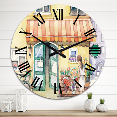 Caricature de femme près d'une boutique de fleurs - horloge murale bohémienne et éclectique