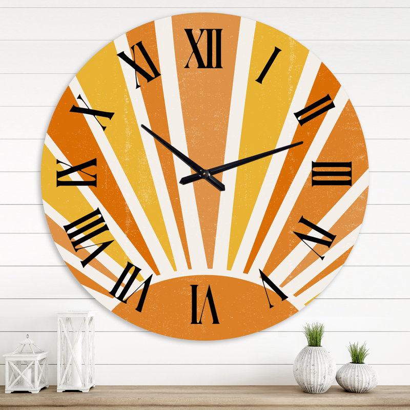 Horloge murale moderne Minimalist Bright Shining Orange Sun Rays II, Surdimensionné