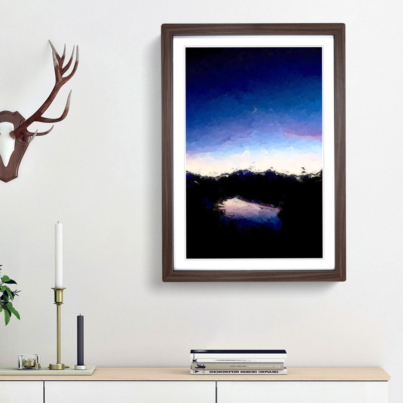 Crescent Moon Above a Lake in Abstract - Picture Frame Graphic Art Print, Walnut Framed, 36cm H x 27cm W x 2cm D