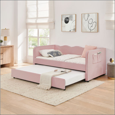 Canapé-lit simple convertible polyvalent 3-en-1 avec couchette coulissante et poches de rangement latérales Gingham
