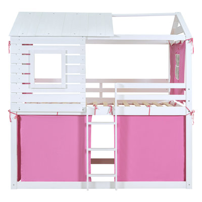 Full Size Wood Bunk Bed with Pink & White Tent, Kids House Bunk Bed, Space-Saving Durable Wood Bed