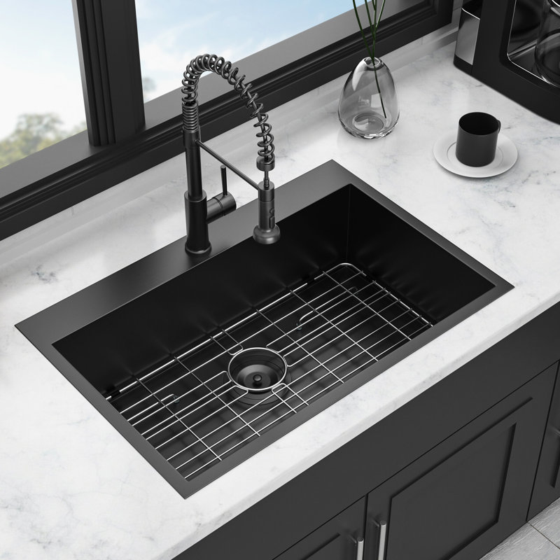 Gunmetal Black Drop In Kitchen Sink - 30" Wide. Stainless Steel 18 Gauge. Single Bowl. Scratch & Corrosion Proof. Easy To Clean. 9" Deep With Drain Assembly And Rinse Grid 30"X22"X9". Gauge Steel. .