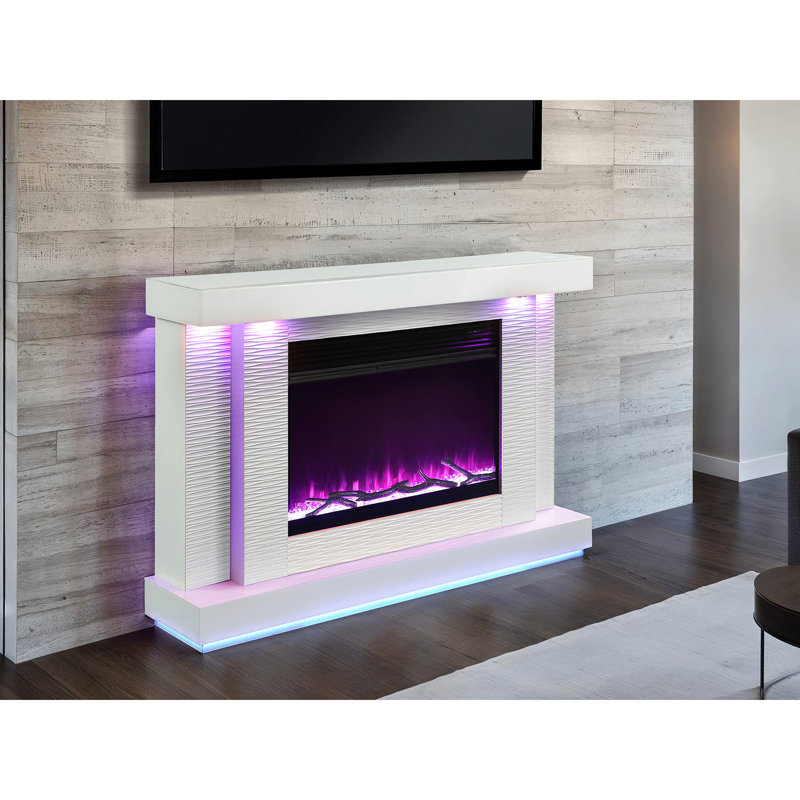 Meuble télé blanc avec foyer à 3 niveaux de luminosité et contrôle de la température ambiante