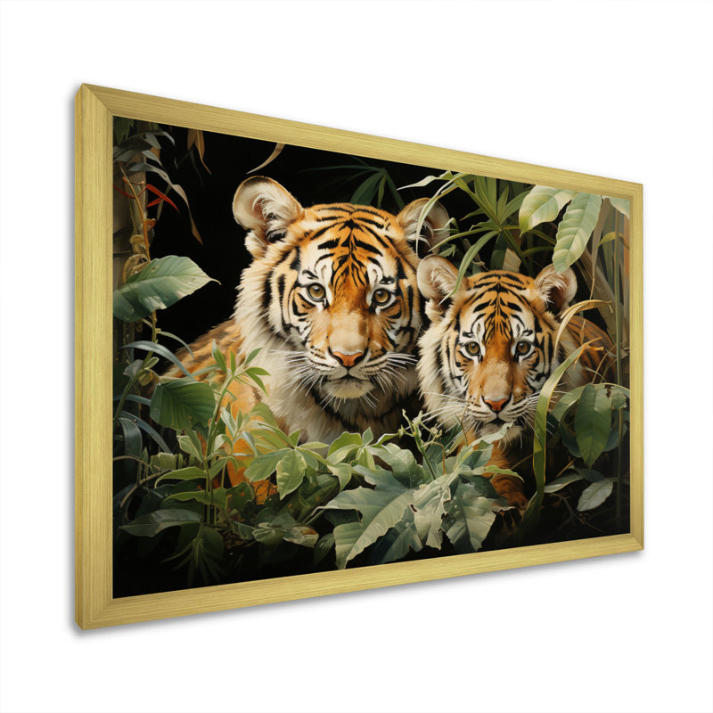 «Asian Art Tigers in Jungle III», reproduction d'art, H 30 po x l 40 po x P 1,5 po, Encadrement doré