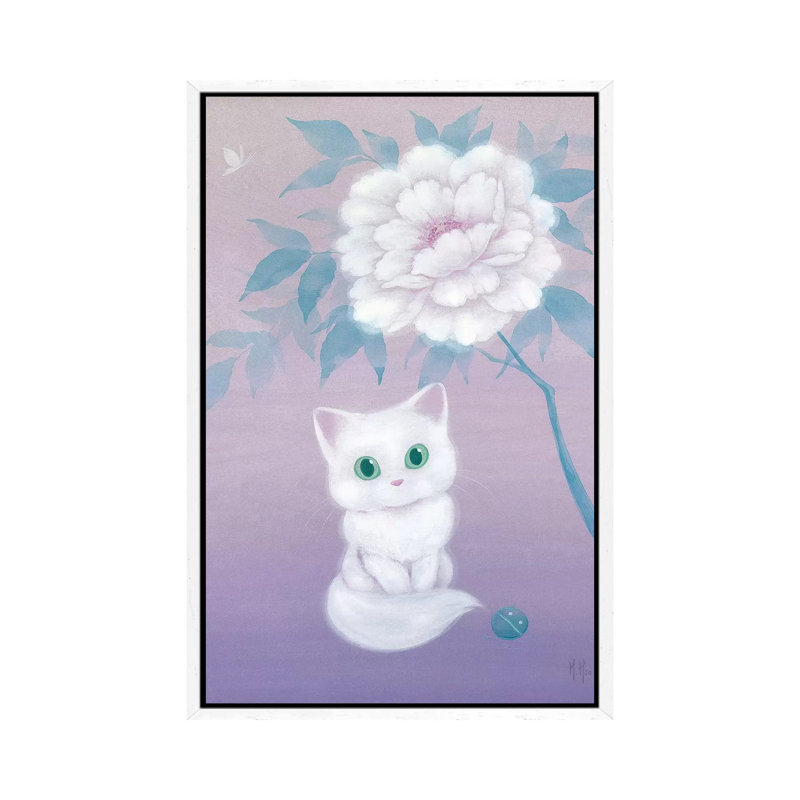 White Cat And Peony by Martin Hsu - Print on Canvas, 101.6 cm H x 66.04 cm W, White Framed