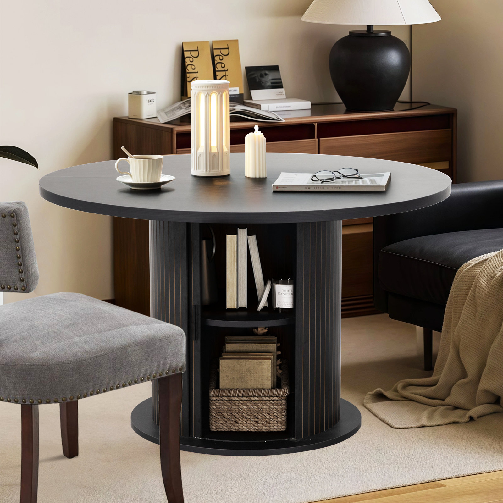 Ebern Designs 47 Inch Round Dining Table With 2-layer Storage Shelf And ...