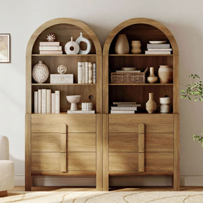 71" Tall Arched Kitchen Pantry Cabinet Set Of 2, Wood Bookcase Display Cabinet With Drawers And Open Arched Shelves, Mid-Century Modern Versatile Cupboard For Dining Room, Bedroom