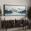 «Woodland Forest Landscape Mountain Lake Calm Misty Landscape Vintage Inspired Stripes Antique Retro Extra Large Wall Decor», reproduction encadrée