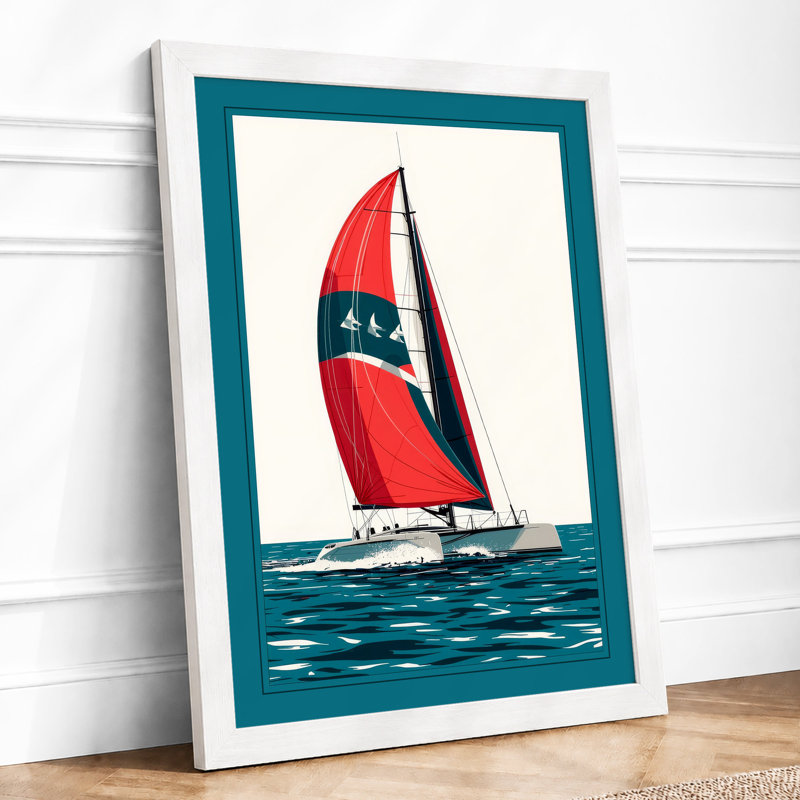 Red Sail Serenity Coastal - Framed Print, A3 - 42.0 x 29.7 cm, White