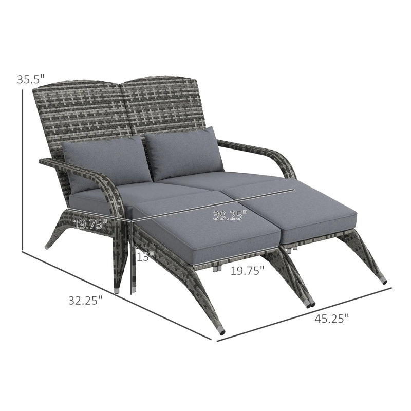 Ensemble de 2 chaises Adirondack grises à dossier haut en osier avec repose-pieds repose-pieds, siège de jardin en rotin PE avec structure en acier