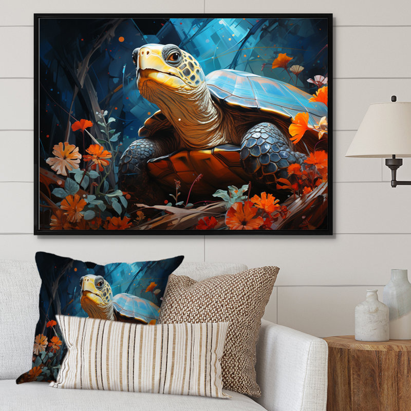 «Turtles Journey», collage floral sur toile, H 34 po x l 44 po x P 1,5 po, Cadre flottant noir